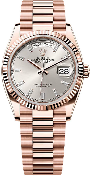 Rolex Day-Date 36 36mm Silver Diamond-Set Dial Fluted Bezel President Bracelet - 128235 | 2024 Model