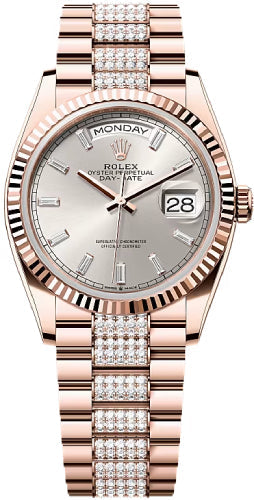 Rolex Day-Date 36 36mm Silver Diamond-Set Dial Fluted Bezel President Bracelet - 128235 | 2024 Model