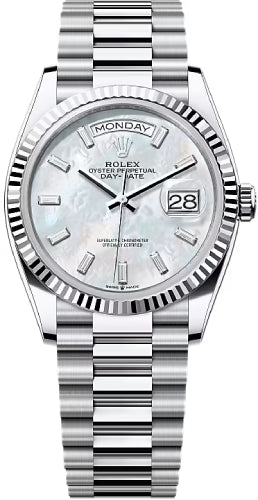 Rolex Day-Date 36 36mm White MOP Diamond-Set Dial Fluted Bezel President Bracelet - 128236 | 2024 Model