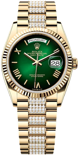 Rolex Day-Date 36 36mm Green Ombré Dial Fluted Bezel with Diamond-Set President Bracelet - 128238 | 2024 Model