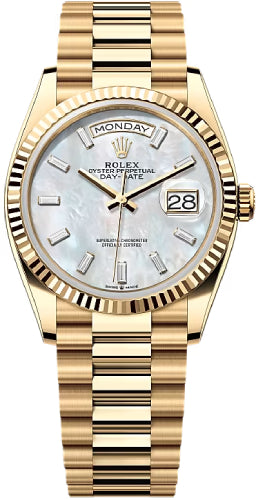 Rolex Day-Date 36 36mm White MOP Diamond-Set Dial Fluted Bezel President Bracelet - 128238 | 2024 Model