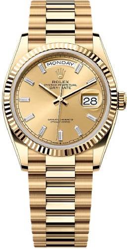 Rolex Day-Date 36 36mm Champagne Diamond-set Dial Fluted Bezel President Bracelet - 128238 | 2024 Model