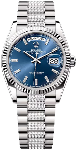 Rolex Day-Date 36 36mm Bright Blue Diamond-Set Dial Fluted Bezel with Diamond-Set President Bracelet - 128239 | 2024 Model