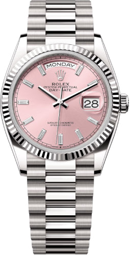 Rolex Day-Date 36 36mm Pink Diamond-Set Dial Fluted Bezel President Bracelet - 128239 | 2024 Model