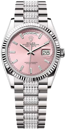 Rolex Day-Date 36 36mm Pink Diamond-Set Dial Fluted Bezel with Diamond-Set President Bracelet - 128239 | 2024 Model