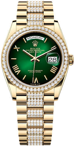 Rolex Day-Date 36 36mm Green Ombré Dial Diamond-Set Bezel with Diamond-Set President Bracelet - 128348RBR | 2024 Model