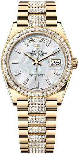 Rolex Day-Date 36 36mm White MOP Diamond-Set Dial Diamond-Set Bezel with Diamond-Set President Bracelet - 128348RBR | 2024 Model