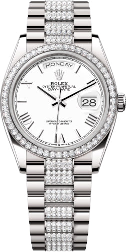 Rolex Day-Date 36 36mm White Roman Dial Diamond-Set Bezel with Diamond-Set President Bracelet - 128349RBR | 2024 Model