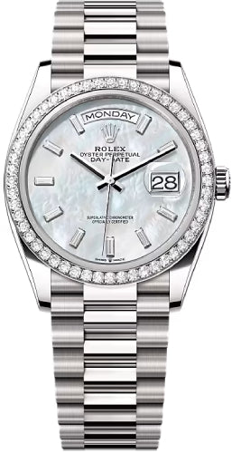 Rolex Day-Date 36 36mm White MOP Diamond-Set Dial Diamond-Set Bezel President Bracelet - 128349RBR