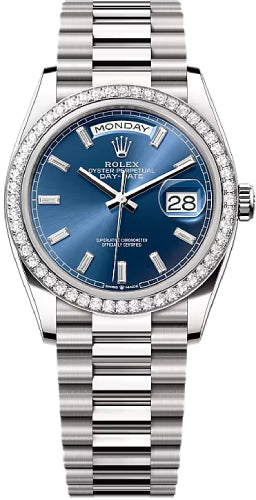 Rolex Day-Date 36 36mm Bright Blue Diamond-Set Dial Diamond-Set Bezel President Bracelet - 128349RBR | 2024 Model