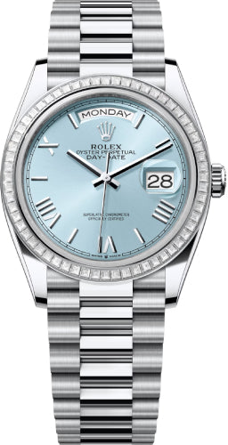 Rolex Day-Date 36 36mm Ice-Blue Roman Dial Diamond-Set Bezel President Bracelet - 128396TBR | 2024 Model