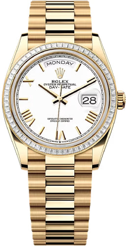 Rolex Day-Date 36 36mm White Roman Dial Diamond-Set Bezel President Bracelet - 128398TBR | 2024 Model