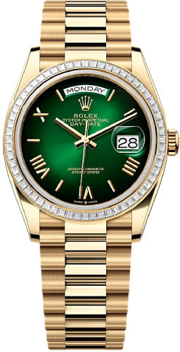 Rolex Day-Date 36 36mm Green Ombré Roman Dial Diamond-Set Bezel President Bracelet - 128398TBR | 2024 Model