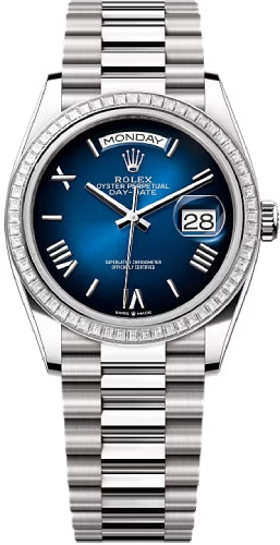 Rolex Day-Date 36 36mm Blue Ombré Roman Dial Diamond-Set Bezel President Bracelet - 128399TBR | 2024 Model