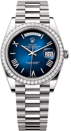 Rolex Day-Date 40 40mm Blue ombré Dial Diamond Set Bezel President Bracelet - 228349RBR | 2024 Model