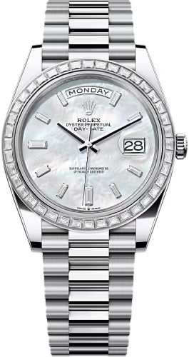 Rolex Day-Date 40 40mm White MOP Diamond Set Dial Diamond Set Bezel President Bracelet - 228396TBR | 2024 Model