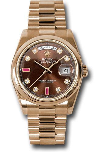 Rolex Everose Gold Day-Date 36 Watch - Domed Bezel - Chocolate Diamond And Ruby Dial - President Bracelet - 118205 chodrp