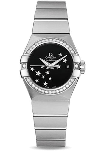 Omega Ladies Constellation Chronometer Watch - 27 mm Brushed Steel Case - Diamond Bezel - Black Dial - 123.15.27.20.01.001