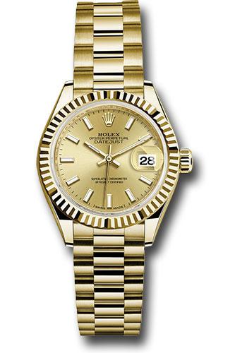 Rolex Yellow Gold Lady-Datejust 28 Watch - Fluted Bezel - Champagne Index Dial - President Bracelet - 279178 chip