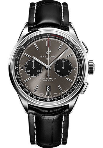 Breitling Premier B01 Chronograph 42 Watch - Steel - Blackeye Gray Dial - Black Alligator Strap - Tang Buckle - AB0118221B1P2