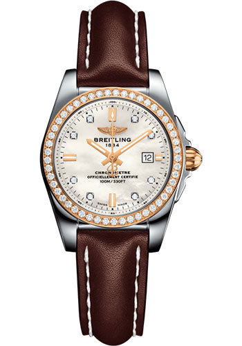 Breitling Galactic 29 Sleek Watch - Steel & rose Gold, gem-set bezel - Pearl Diamond Dial - Brown Leather Strap - Tang Buckle - C7234853/A792/484X/A12BA.1