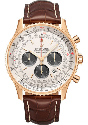 Breitling Navitimer B01 Chronograph 46 Watch - 18k Red Gold - Silver Dial - Brown Croco Strap - Folding Buckle - RB0127121G1P2